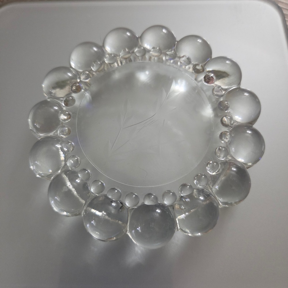 Anchor Hocking Nova Boopie Bubble Glass Ashtray Hand Etched Songbird Reed Clear